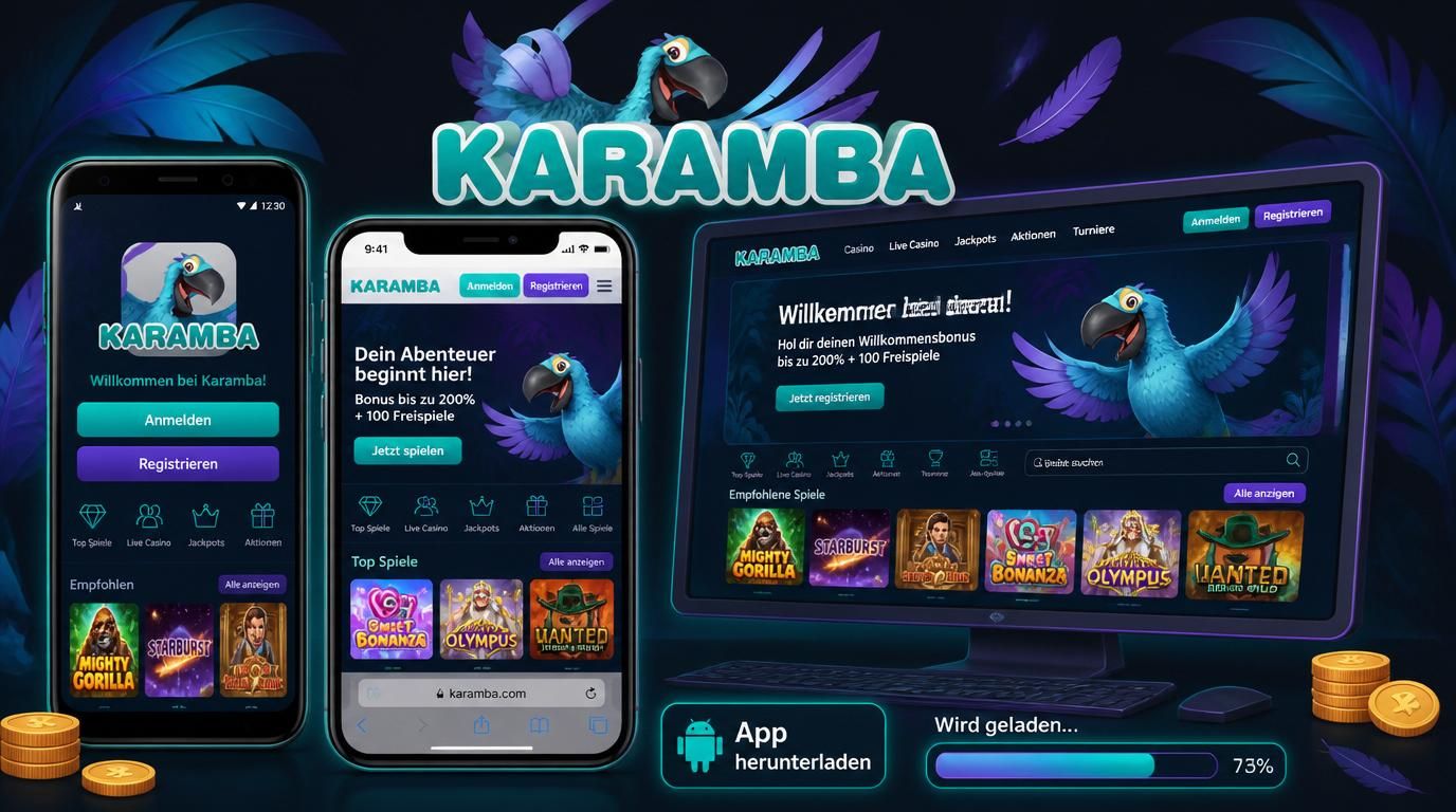 Android- und iOS-Geräte mit Karamba-App am Bildschirm, Download läuft gerade