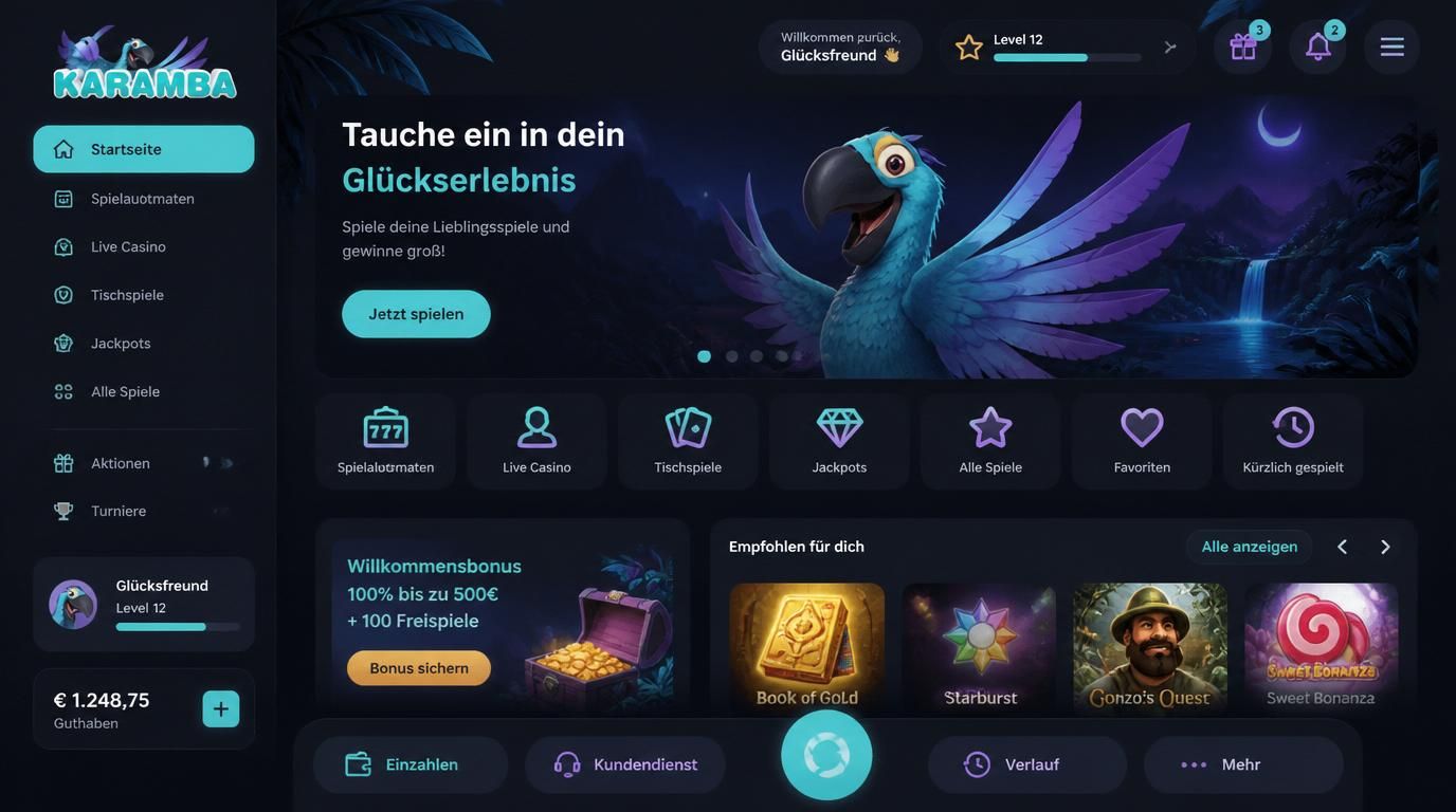 Dark Mode der Karamba-App mit warmen Akzenten und großen Buttons