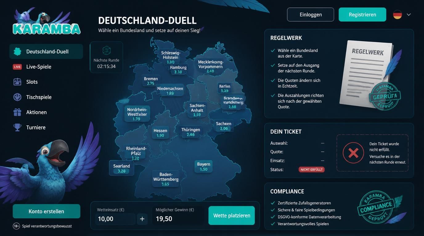 Eine Karte Deutschlands mit Quoten und Regelwerk zur Verdeutlichung des streng regulierten Wettmarkts.
