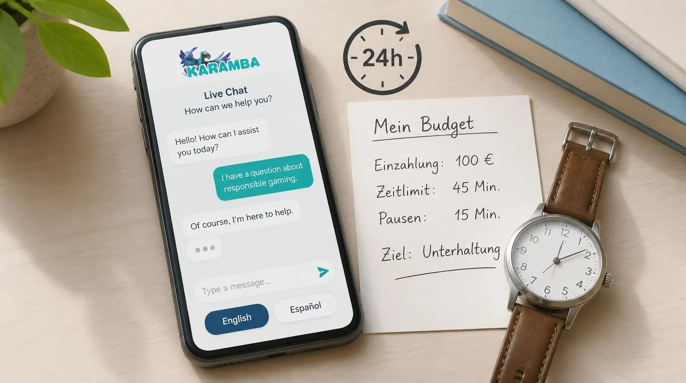 Smartphone mit Live-Chat, Sprachsymbolen für Englisch und Spanisch und einer Uhr für die Erreichbarkeit rund um die Uhr