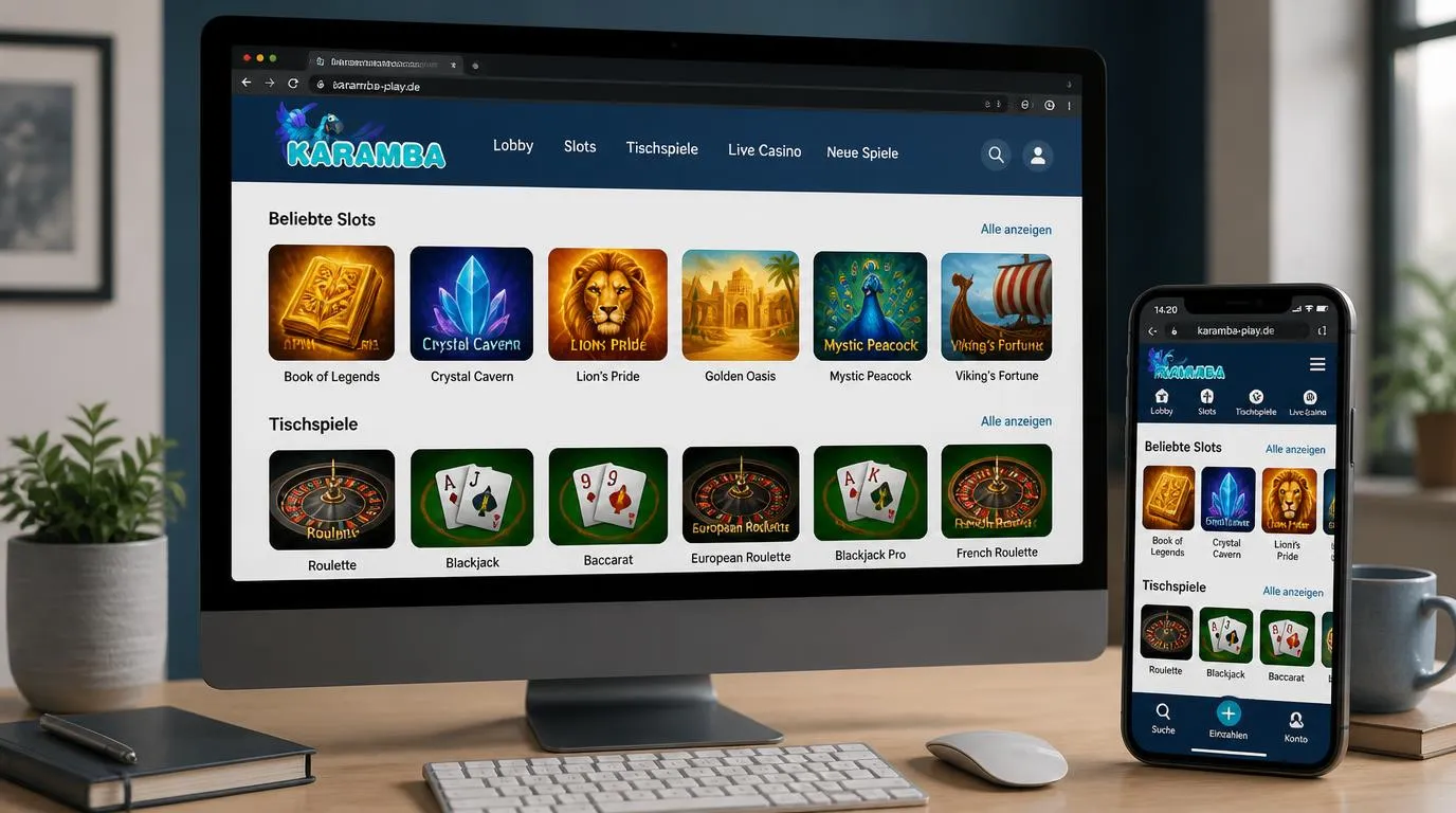 Desktop und Smartphone mit übersichtlicher Casino-Spielauswahl aus Slots und Tischspielen im Browser