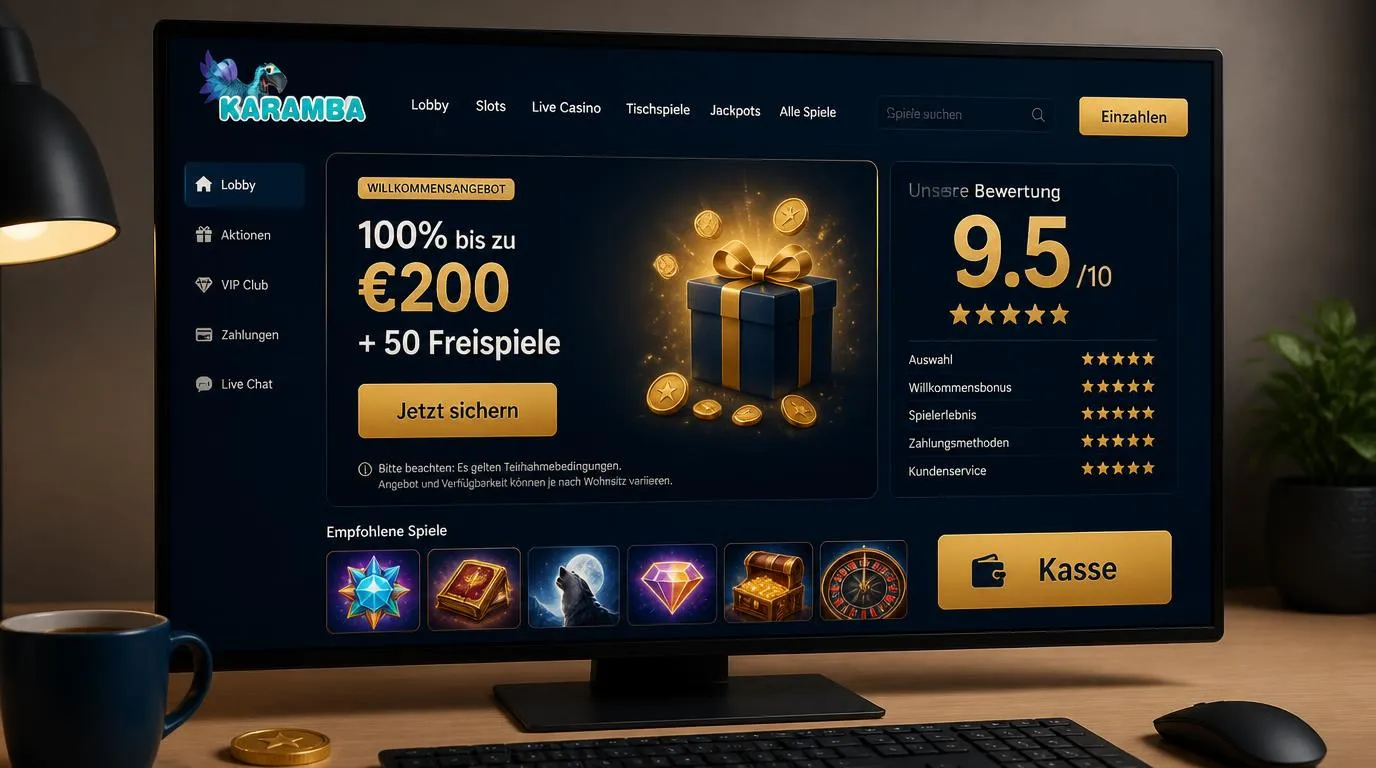 Casino-Oberfläche mit Bewertungsanzeige, Willkommensangebot und deutlich sichtbarem Kassenbereich