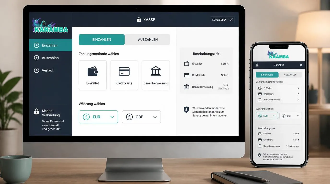 Kassenansicht mit Wallets, Karten und Banküberweisung sowie Hinweisen zu Auszahlungszeiten